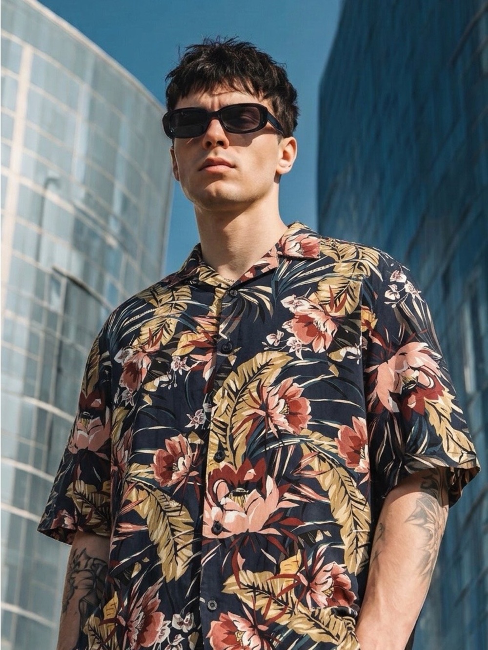 Express Men's Navy Floral Button-Down Shirt with Pink and Tan Accents